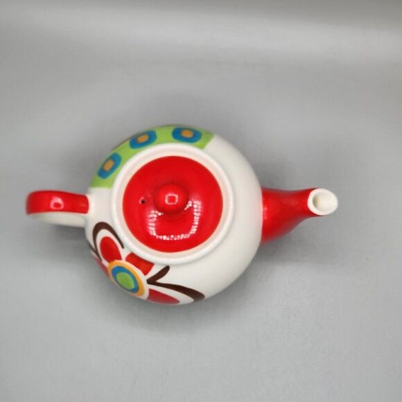 Hues N Brews Floral Teapot Red White Brown Retro 20 oz  MCM Color Coordinates - Picture 5 of 10